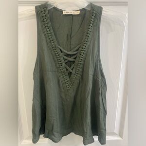 Olive Green Sleeveless Top with Crochet Detail
